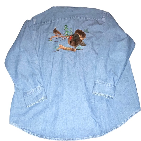 Vintage Jerzees Men’s Long Sleeve Denim Button Doen Shirt Embroidered Turkey Lg - Picture 2 of 4